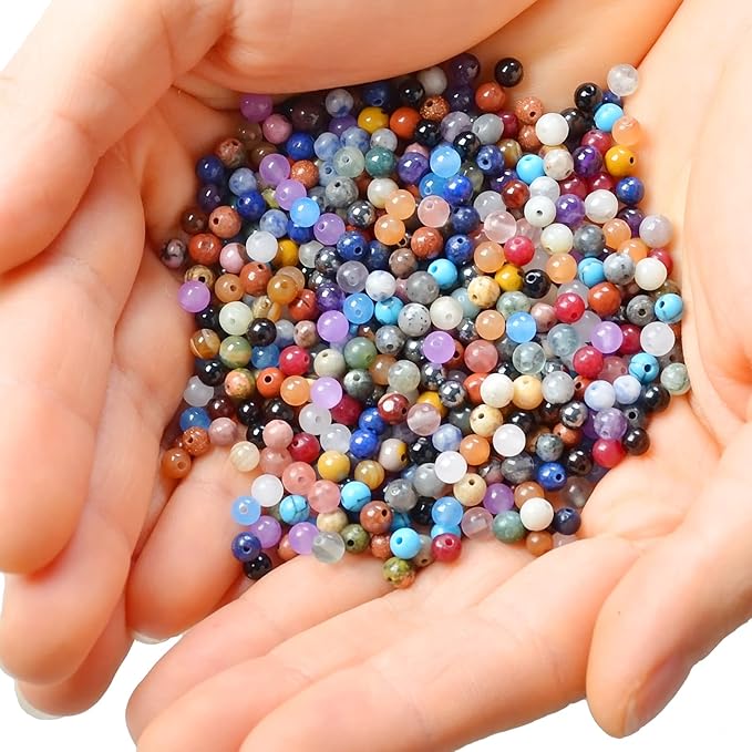 4mm natural mixed materials gemstones beads tiny spacer round loose beads jewelry making kit with thread and needles 600 pcs(24 natural, 4mm)