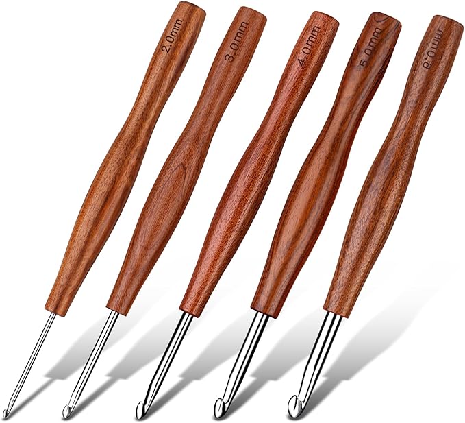 Nitlak Crochet Hooks Set, 5 Size Aluminum Ergonomic Crochet Hooks with Wooden Handle for Arthritic Hands, Beginners, Crochet Needles for Knitting Gloves, Sweaters, Blankets(2mm/3cm/4cm/5cm/6cm)