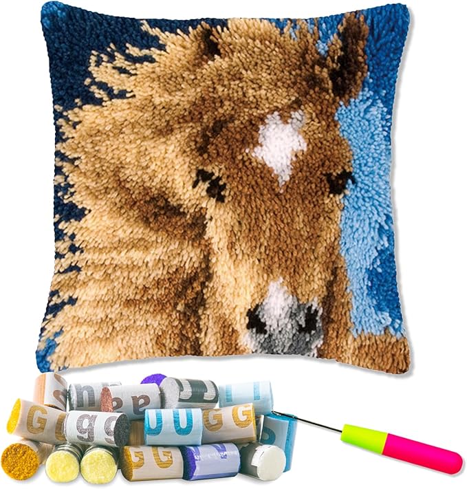 LAPATAIN Latch Hook Kits for DIY Throw Pillow Cover,Needlework Cushion Cover Hand Craft Crochet for Great Family 17X17inch(Horse)