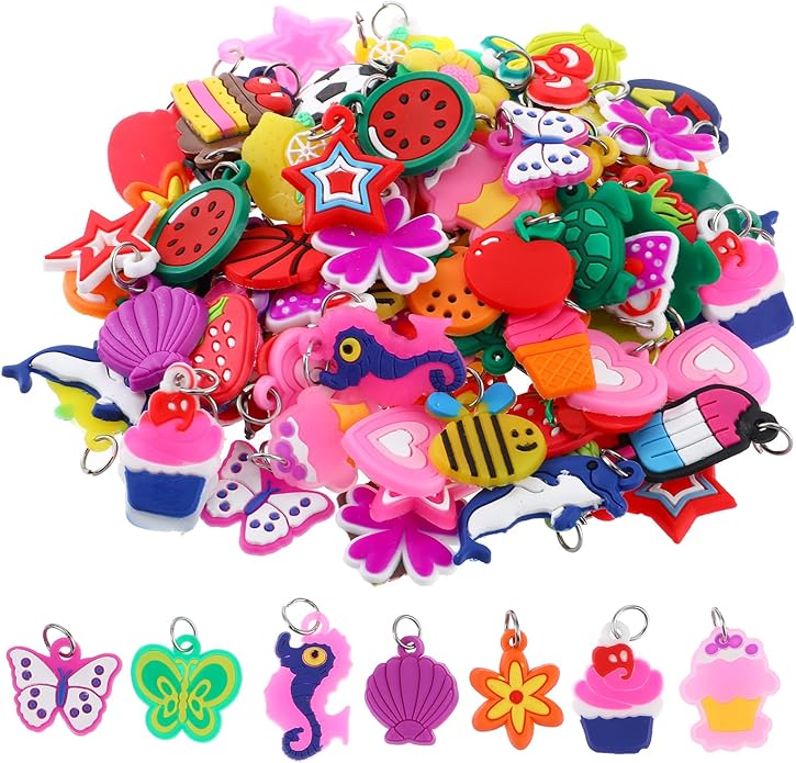 100 Pcs Silicone Charms for Bracelets,Rubber Loom Band Charm,Rubber Band Bracelets Charms,Charms for Bracelet Making,for Pendant Bracelet Making DIY Handmade Materials(Random styles)