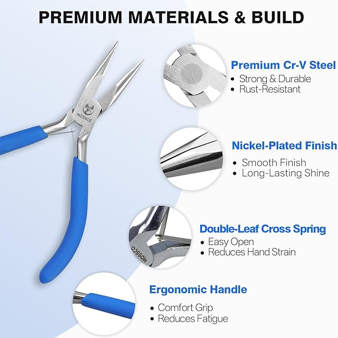 mossco jewelry pliers set, 3pcs jewelry making tools kit - round nose, needle nose and wire cutters for jewelry making, beading, wire wrapping, diy crafts and jewelry repair with carrying pouch