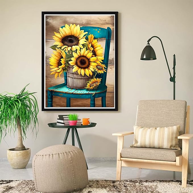 ijbnhd Sunflowers Diamond Art Kits for Adults,Chair Diamond Paintings Kits for Beginners, Full Drill Round DIY Crafts Kits Gift Home Wall Decor Gifts 12x16in