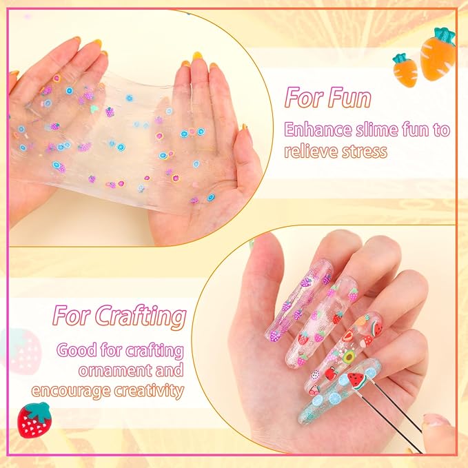 24-Grid TINKRSTUFF Fruit Slice Polymer Clay Slime Add Ins for Nail Art Fimo, Fake Sprinkles Scrapbooking Embellishments & Lip Gloss, Bulk Slime Mix Ins Assorted Fruits Accessories for DIY Crafting