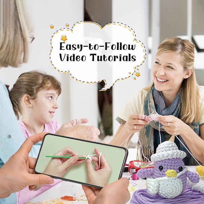 Wadukud Purple Penguin Crochet Kit for Beginners, DIY Crochet Animal Kit for Adults, Crochet Starter Kit with Step-by-Step Video Tutorials, Easter Basket Stuffers Easter Craft Gifts for Girl Kids