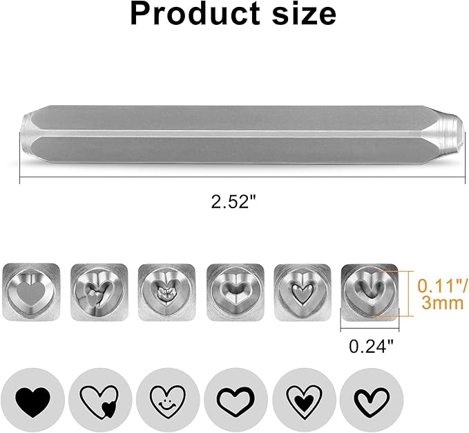 Yoption Heart Jewelry Metal Stamping Set, 6 Pcs Metal Stamps Heart-Shaped Punch Stamping Set 3mm for Stamping/Punching Metal, Jewelry Working