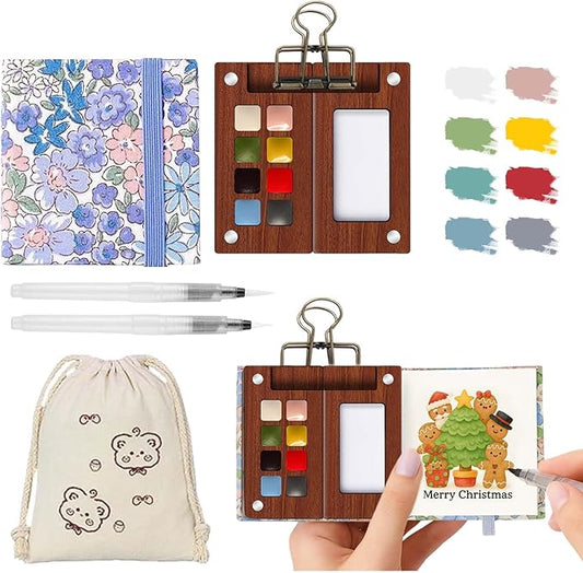 Mini Watercolor Paint Set – Travel Watercolor Set with 8 Color Palette, 300g Sketchbook, Water Brushes, Clip & Storage Bag, Pocket Size Portable Water Color Kit for Artists, Students & Beginners