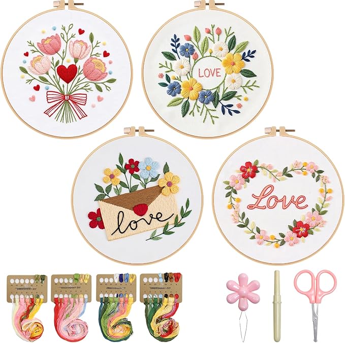 tpzbwg valentines embroidery kit, diy embroidery starter kit for adults & beginners, diy needlepoint kit with embroidery hoop thread needle for craft lover birthday gifts (valentines-4 set)