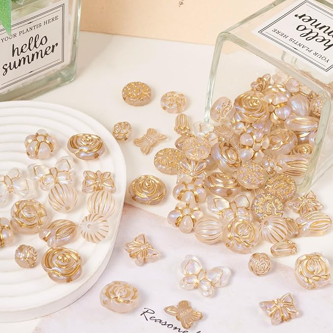 FASHEWELRY 96Pcs Clear Acrylic Pony Beads Cute Butterfly Beads Flower Kawaii Beads Assorted Aesthetic Beads Bulk for Bracelets Necklaces Wedding Bridal Jewelry Making