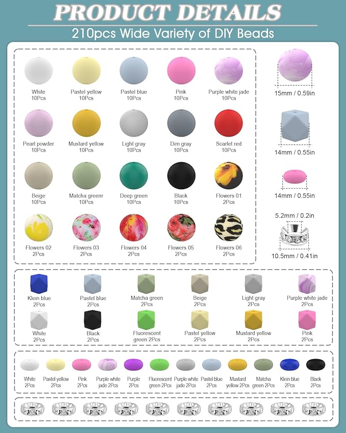 Skalamio 246Pcs Silicone Beads for Keychain Making Kit, 15mm Silicone Bead Bulk, Multiple Styles & Colorful Rubber Beads for Keychains Making DIY Necklace Bracelet Jewelry Crafts