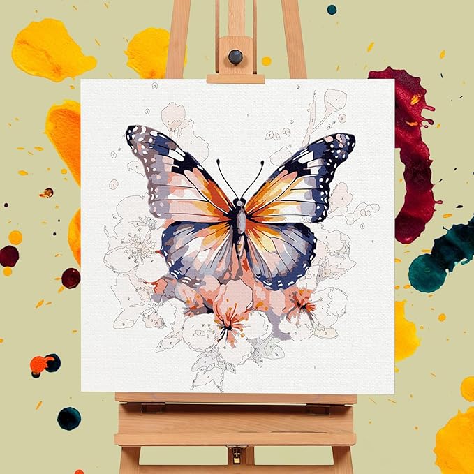 Framed Paint by Numbers Kit for Adults Beginners & Kids Ages 8-12, Butterfly Flowers Acrylic Easy Paint by Number with Frame, Paint by Number Kits on Canvas Framed (10 * 10 Inch, without Easel)