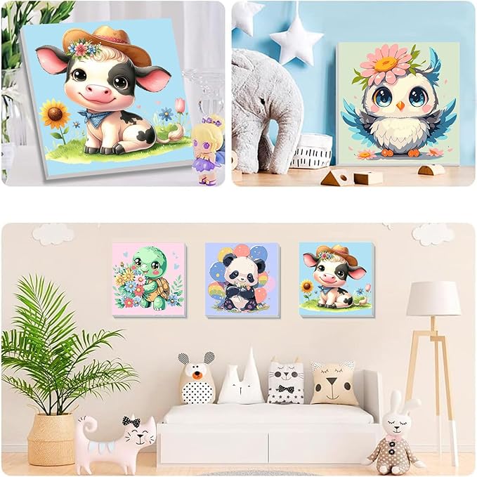 4 Pack Animal Paint by Number for Kids with Wooden Frame, Paint by Numbers for Kids Animals Ages 4-8-12, Easy Panda Sea Turtle Owl Cow DIY Acrylic Oil Painting Kits for Home Wall Decor (8X8 inch)