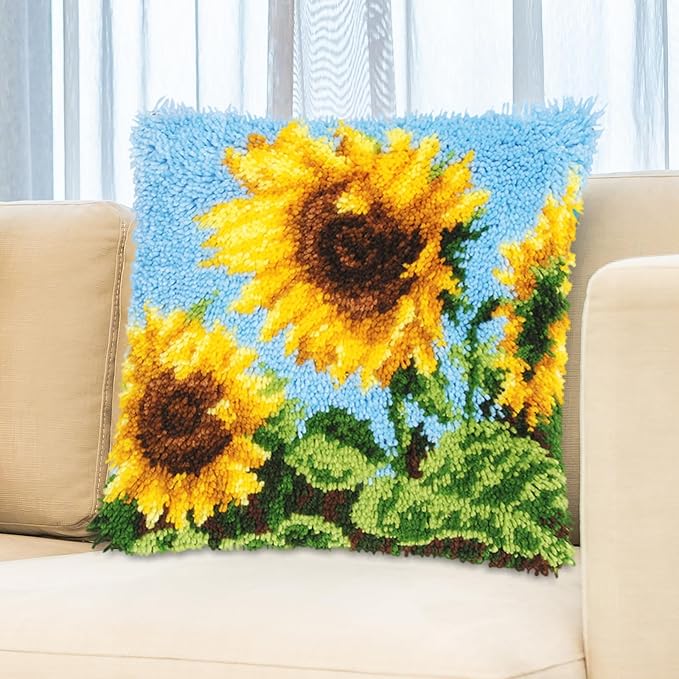 LAPATAIN Latch Hook Kits for DIY Throw Pillow Cover,Sunflower Needlework Cushion Cover Hand Craft Crochet for Great Family 17x17inch