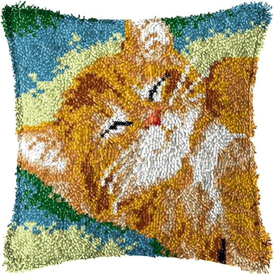 LUBOT 16"*16" Ginger Cat Latch Hook Kits for Adults Rug Pillow Cover with Printed Canvas Pattern Crochet Kit for Beginners