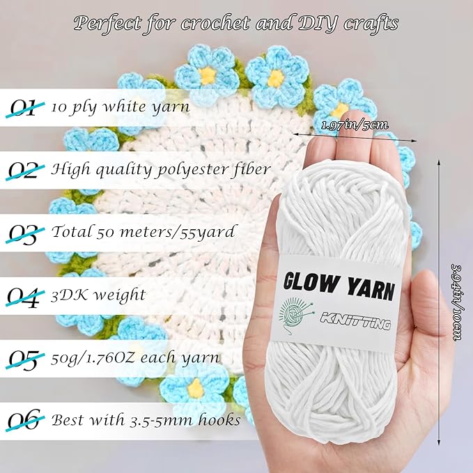 Glow in The Dark Yarn, 10 Pack White Yarn for Crocheting(500g/18oz | 550 Yards), Crochet Kit for Beginners, Crocheting, DIY Art, Crafts Sewing Beginners - Christmas Halloween Decorations (White)