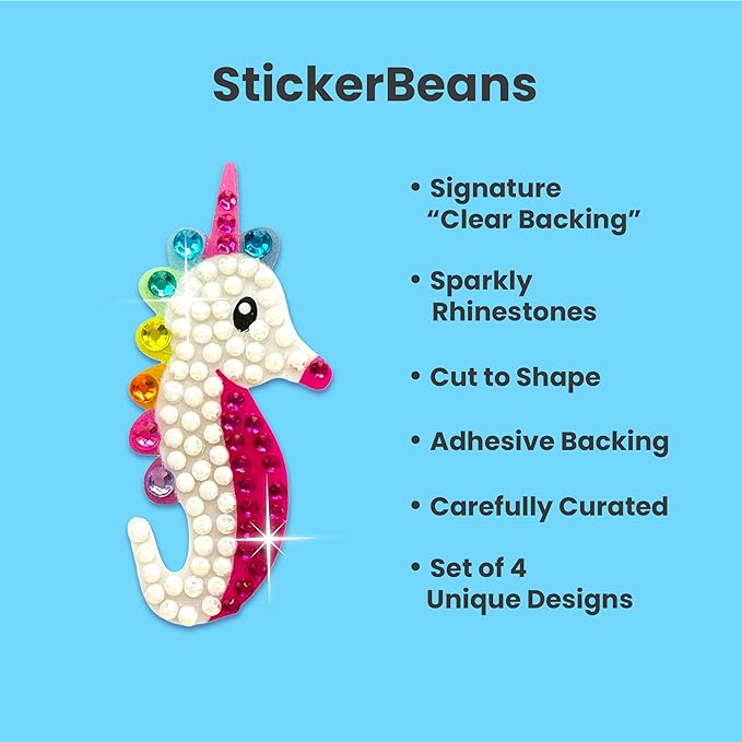 stickerbeans® rhinestone stickers – whimsical 4-pack, 2” x 2” unique sparkly cut-to-shape for collecting, trading, decorating laptops, phone cases, scrapbooks, kids, teens, & adults