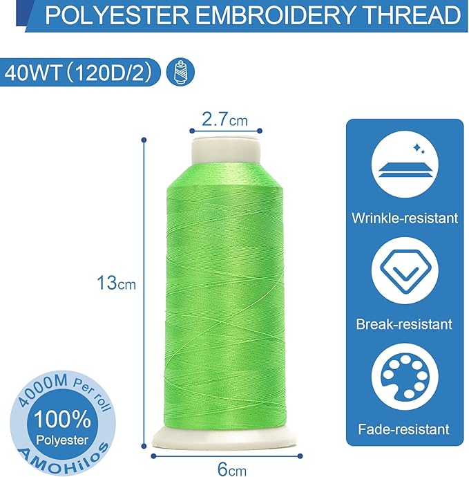 High Tenacity Polyester Embroidery Machine Thread 40WT(120D/2) 4000M Per Spool for Commercial and Domestic Embroidery Machine (Fluorescent Green-1850)