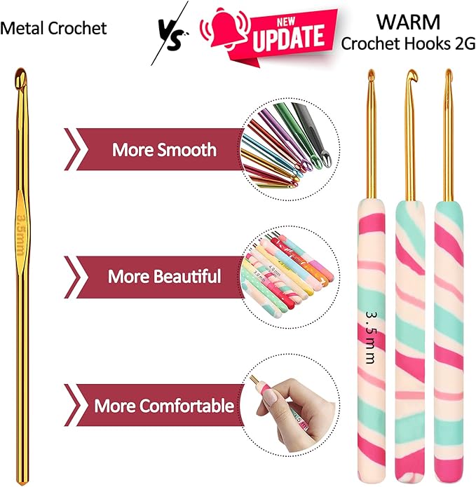 Coopay Warm Crochet Hooks 2G Crochet Hook Set for Women Girls Mom Teens, Cute Crochet Needles for Crocheting Art Aluminum Soft Grip Comfortable Knitting Hook for Yarn Craft Crochet Kit for Beginner