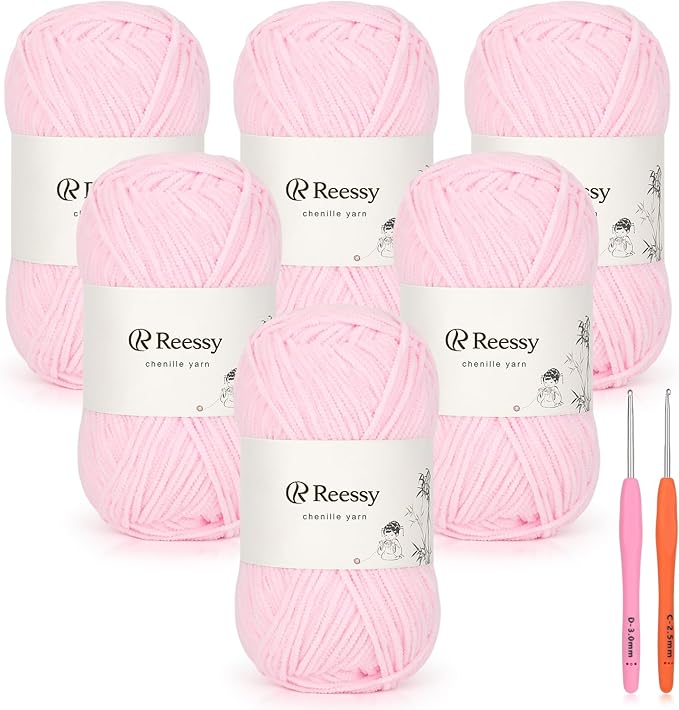 Skinny Chenille Yarn for Crocheting - 6 Pack of 50g/158yd (948yd Total) - Soft Matte Thin Chenille CYC #2 - Fine Weight Baby Yarn for Plush Toys, Baby Blankets & Small Crafts(Soft Pink)