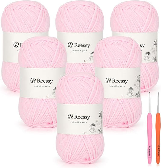 Skinny Chenille Yarn for Crocheting - 6 Pack of 50g/158yd (948yd Total) - Soft Matte Thin Chenille CYC #2 - Fine Weight Baby Yarn for Plush Toys, Baby Blankets & Small Crafts(Soft Pink)