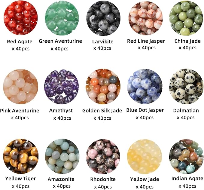 600pcs Natural Stone Beads Polished Beading 6mm Loose Beads Gemstone Crystal Energy Stone Healing Power for DIY Jewelry Making (6mm 15 Materials R1)