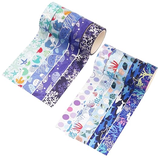 Blue Ocean Washi Tape Set 10 Rolls Bronzing Sea Decorative Masking Tapes for Scrapbooking, Journal, Planner, DIY Crafts, Gift Wrapping