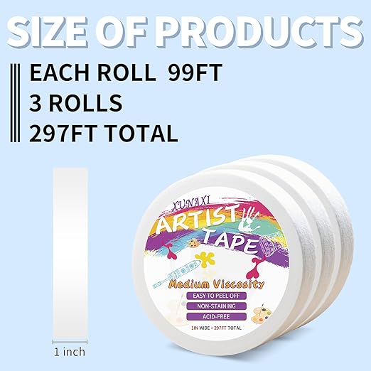 3 Packs Artist Tape Medium Tack White Art Tape for Watercolor Paper Drafting Art Painting Canvas Framing Acid Free Masking Tape- 1IN Wide 297FT Long Total