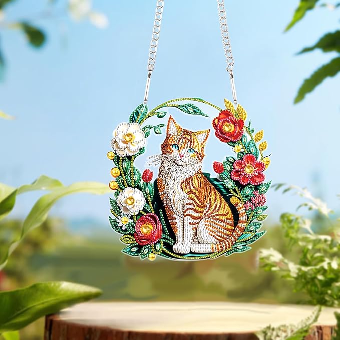 Flower Birdcage Design DIY Diamond Art Painting Wreath Kits Special Shaped Rhinestone Diamond Art Window Pendants Home Garden Wall Hanging Kits (Single Side Point Drill) (#11-Cat) (#11-Cat)