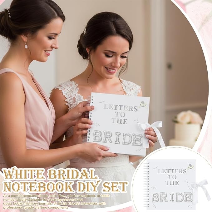 Fuyoooo 10 x 10 Inch Letters to The Bride Scrapbook Wedding Memory Book Bridal DIY Blank Paper Scrapbook Photo Album Guest Book Sign with Pearl Stickers, Metallic Letters, Bows (White)