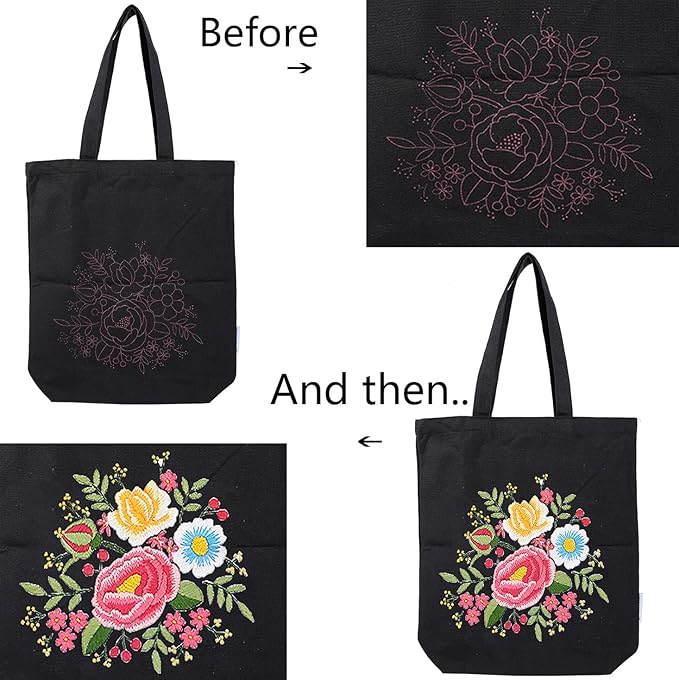 CREAWONDER Canvas Tote Bag Embroidery Kit with Pattern for Beginners, Arts and DIY Embroidery Crafts Kits for Adults, Include Instructions, Thimble, Embroidery Hoops, Color Threads and Tool