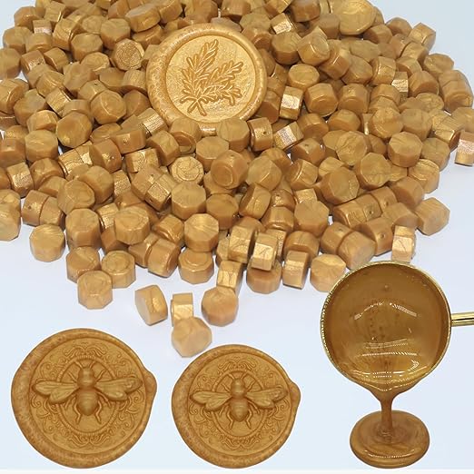 250pcs Wax Seal Beads Gold, Andotopee Premium Sealing Wax Beads for Stamp Seals, Octagon Seal Stamp Pellets Refill Pack for Wedding Invitation, Letter Envelope, Scrapbook Crafts (Vintage Gold)