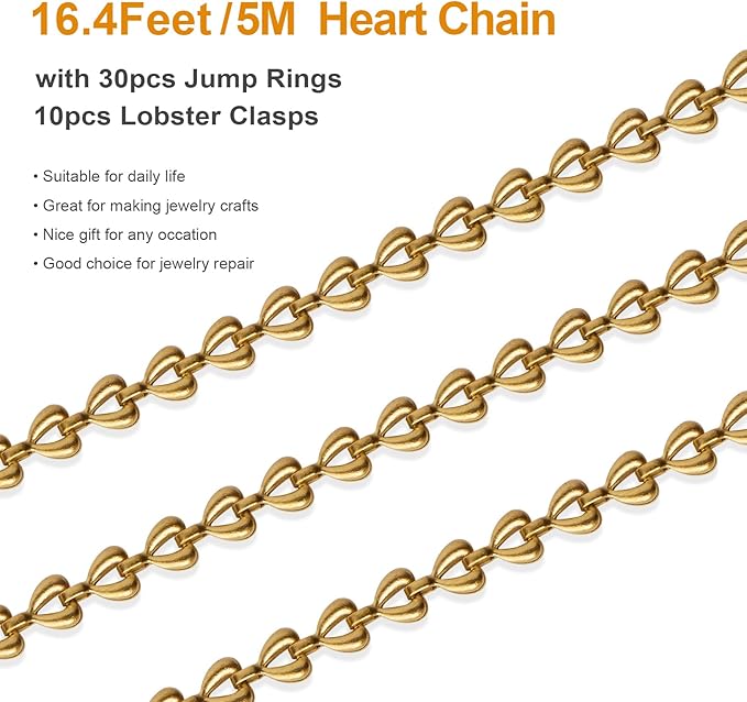 Kyutong 5M/16.4FT Stainless Steel Jewelry Making Supplies Gold Plated Chains Bulk Hollow Heart Chain Links on Spool with Lobster Clasps Jump Rings