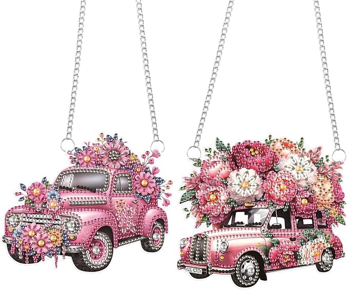 2 Pack Diamond Painting Car Charms – Pink Floral DIY Hanging Ornaments with Rhinestones for Women, Car Mirror or Room Decor