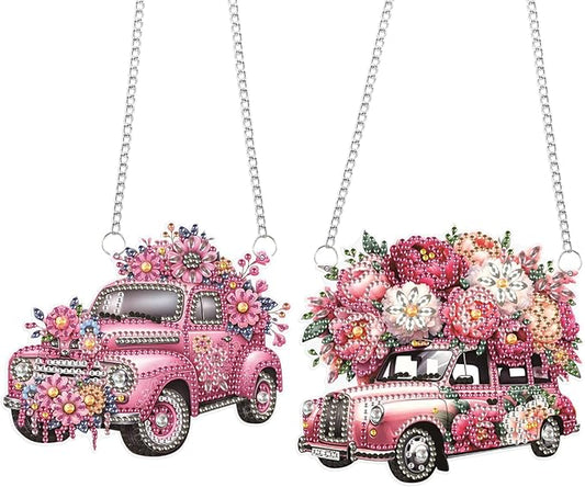 2 Pack Diamond Painting Car Charms – Pink Floral DIY Hanging Ornaments with Rhinestones for Women, Car Mirror or Room Decor