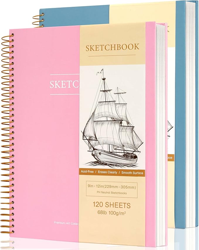 2 Pack Hardcover Sketchbook for Drawing 120 Sheets Spiral Bound 9 x 12 Sketch Pad Premium Art Sketchbook Artistic Drawing Painting Writing (68lb/100gsm) for Kids Adults Beginners Artists, Pink+Blue