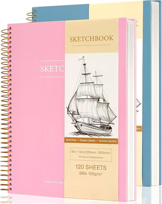 2 Pack Hardcover Sketchbook for Drawing 120 Sheets Spiral Bound 9 x 12 Sketch Pad Premium Art Sketchbook Artistic Drawing Painting Writing (68lb/100gsm) for Kids Adults Beginners Artists, Pink+Blue