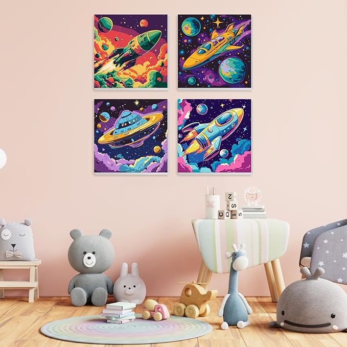 4 Pack Paint by Numbers for Kids with Wooden Framed, Space Rocket, Spaceship, Paint by Number Kits on Canvas for Beginner, Acrylic Oil Painting Kits for Home Decor 8x8 inch, Colorful Planets and Stars