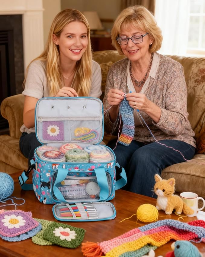 Aeelike Yarn Storage Organizer Travel Crochet Bag, Large Capacity Tote Bags Knitting Bag for Carrying Projects, Knitting Needles,Crochet Hooks and Yarn, Blue Cat Flower