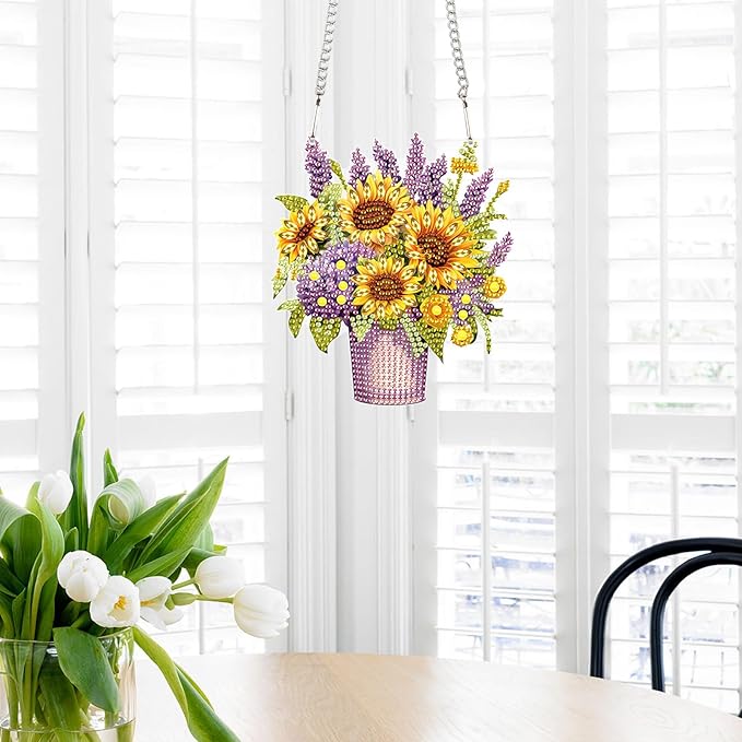 Sunflower Lavender Diamond Painting Hanging Kit, DIY 5D Special Shaped Rhinestones Acrylic Pendant, Diamond Art Hanging for Adults, Floral Window, Wall, Door and Garden Decoration, Handmade Art Gift
