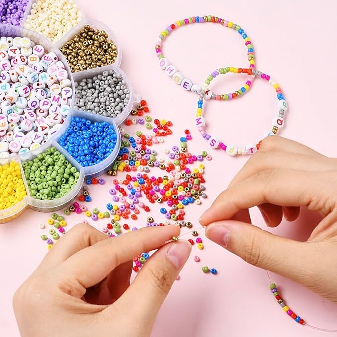 3370 Pcs 3mm Glass Seed Beads Bracelet Making Kit, Small Beads Friendship Jewelry Craft Kit with Letter Beads & Elastic Cord, DIY Art Craft Gift for Girls