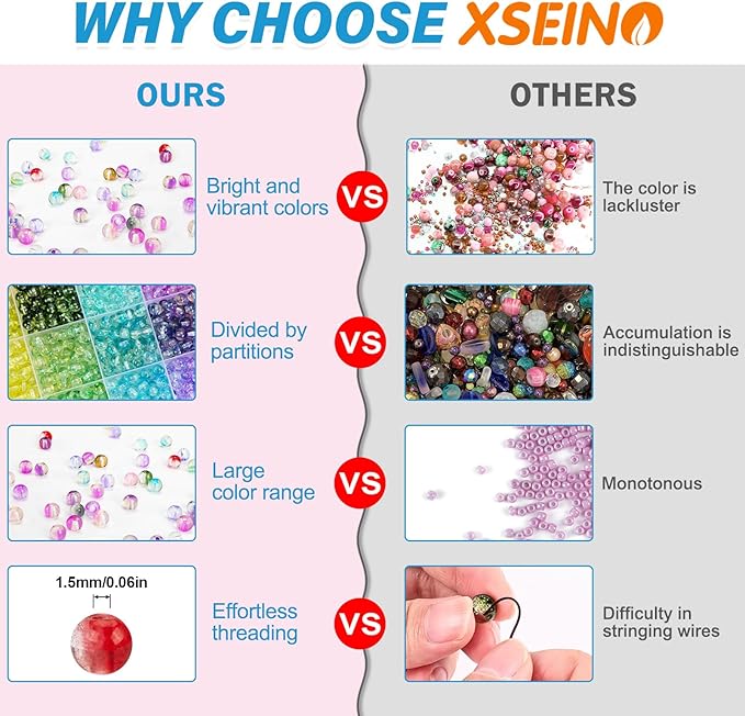 XSEINO 24 Colors 1200PCS Transparent Gradient Glass Beads Kit 6mm DIY Craft Glass Beads, Fit for Bracelets, Jewelry Making, Necklace