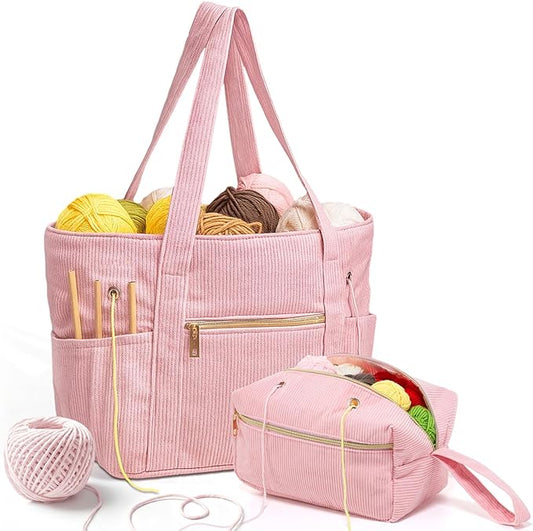Bulyoou 2 Pcs Crochet Bag and Tote Set Corduroy Yarn Bag for Hooks Organizer Yarn Holder for Crochet Lovers Knitting Accessories(Pink)