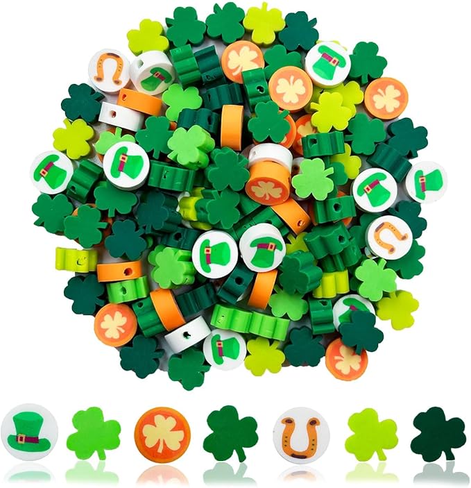 100Pcs St. Patrick's Day Shamrocks Handmade Polymer Clay Beads, Luck Clover Prints Polymer Clay Spacer Beads for Women Jewelry Making DIY Charms Bracelet Necklace Hair Clip Accessories Handmade Craft