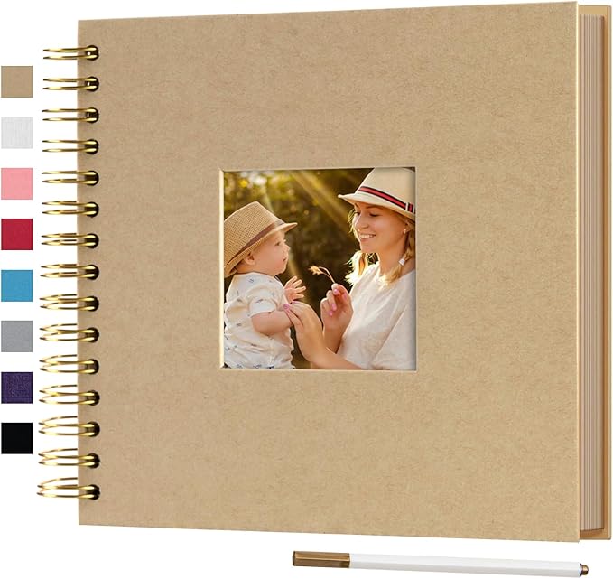 8 x 8 Inch Small DIY Scrapbook Photo Album with Window Design Cover 80 Pages Craft Paper Memory Book for Weeding Family Travel and Baby (Brown)