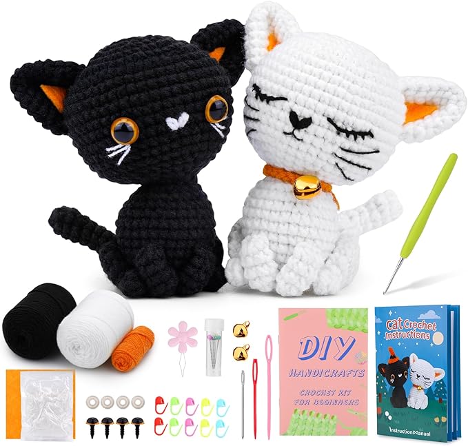 Pnytty Crochet Kit for Beginners, Crochet Animal Kit, 2PCS Cat Starters Crochet Kits Knitting Kit with Yarn, Crochet Hooks, Video Tutorials, Easy Crocheting for Adults Craft