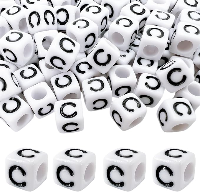 MIIIM 100pcs Pony Beads Letter C for Keychains Making, 6x6mm Large Hole Square Letter Beads for Bracelets Making, Alphabets, Numbers (White and Black)