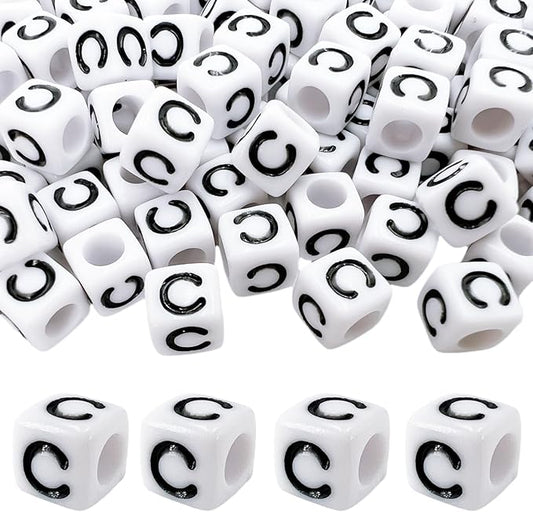 MIIIM 100pcs Pony Beads Letter C for Keychains Making, 6x6mm Large Hole Square Letter Beads for Bracelets Making, Alphabets, Numbers (White and Black)