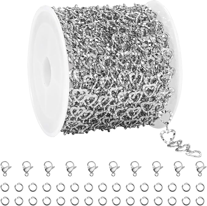 YOUBEIYEE 16.4 Feet Stainless Steel Silver Chain for Jewelry Making Heart Link Chain for Women Necklace DIY Chains Bulk