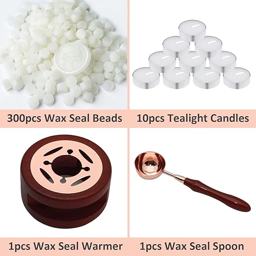 Wax Seal Beads Kit - 300pcs Translucent Sealing Wax Beads with Wood Melting Warmer, Spoon & 10 Mini Candles for Stamp Seals, Wedding Invitation, Envelope, Cards, Gift Wrapping Decorations