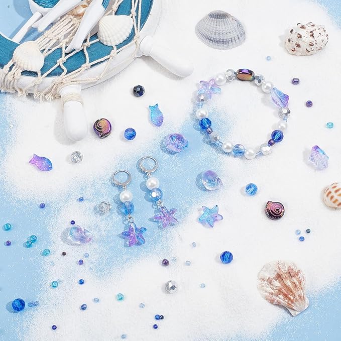 SUNNYCLUE 1 Box 3100+Pcs Ocean Beads Kit Glass Sea Beads Starfish Seashell Fish Bead Summer Hawaii Ocean Animal Bead Purple Glass Beads Spacer Beads for Jewelry Making DIY Bracelet Earrings Necklace