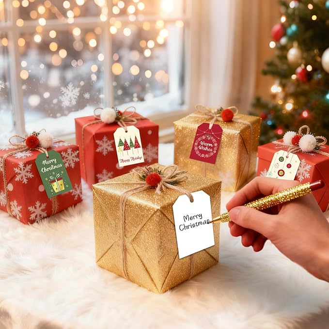 Christmas Gift Tags with String, 96 Pcs Christmas Hanging Tags Label Gold Foil Xmas Present Tag for DIY Xmas Holiday Present Wrapping Decorations, 6 Styles